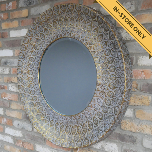 Mirror round embossed. A unique and stylish piece, perfect for modern or rustic interiors, 93cm high, 93cm wide, 9cm deep, weighs 5.31kgs.