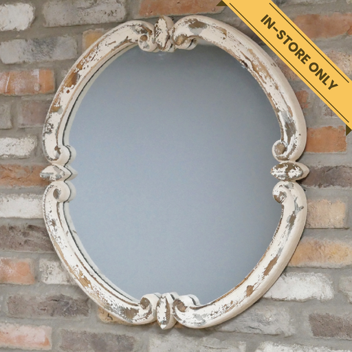 Rustic round whitewashed mirror, H:68cm W:68cm D:4cm, Weight:4kg.