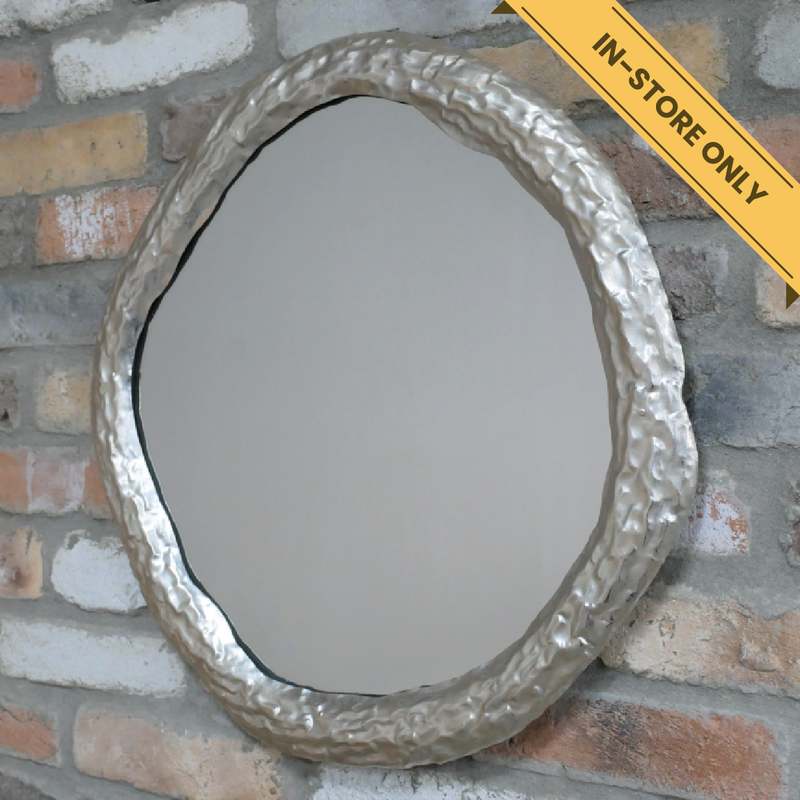 Round silver framed mirror, H:53cm W:54cm D:3cm, Weight:2.76kg.