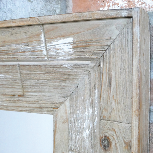 Stylish square mirror with a textured wood block frame, dimensions 90cm H x 90cm W x 6cm D, weight 9.5kg.