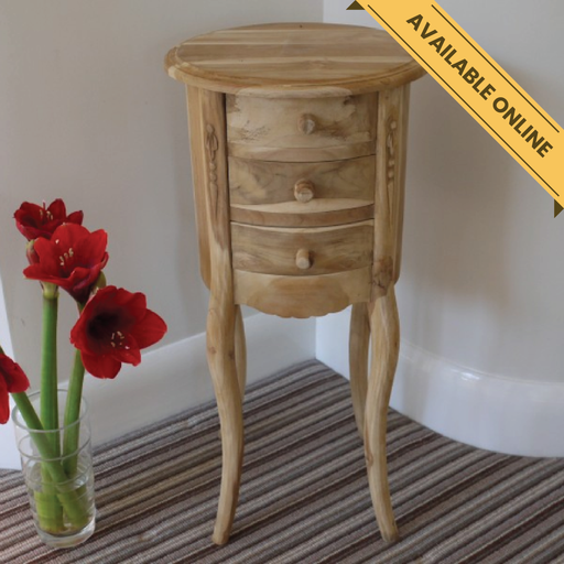 Round teak bedside table in raw, unfinished teak wood for a rustic handcrafted look, H: 72cm W: 35cm D: 35cm Weight: 8kgs