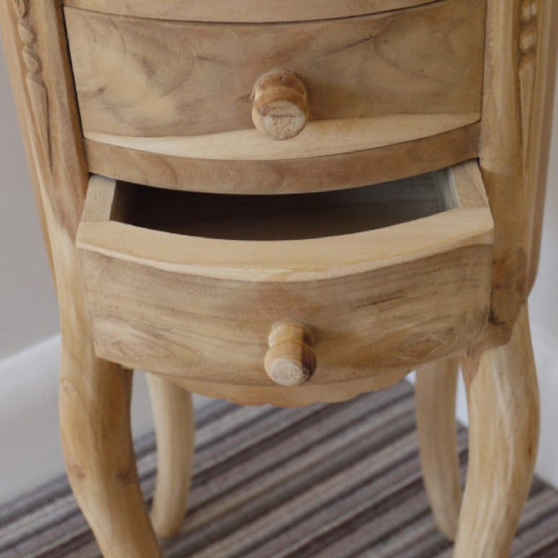 Rustic-style round bedside table crafted from solid unfinished teak, 72cm tall by 35cm in diameter, 8kg in weight.