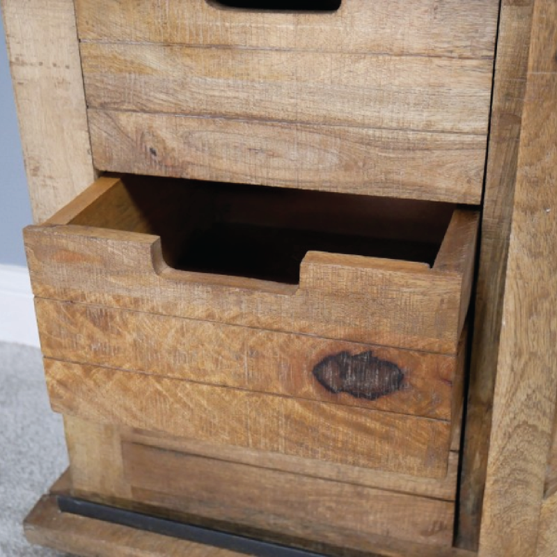 Handcrafted rustic cabinet made from mango wood, 88cm tall by 81cm wide by 40cm deep, 32kg in weight.