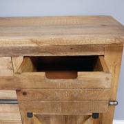 Natural mango wood cabinet with distressed detailing, 88cm H x 81cm W x 40cm D, weighing 32kg.