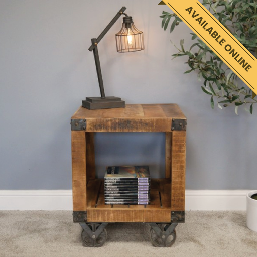 Industrial cube style side table, H:60cm W:50cm D:50cm, Weight:15.75kg.