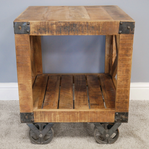 Square industrial side table with a sturdy cube design, dimensions 60cm H × 50cm W × 50cm D, weight 15.75kg.