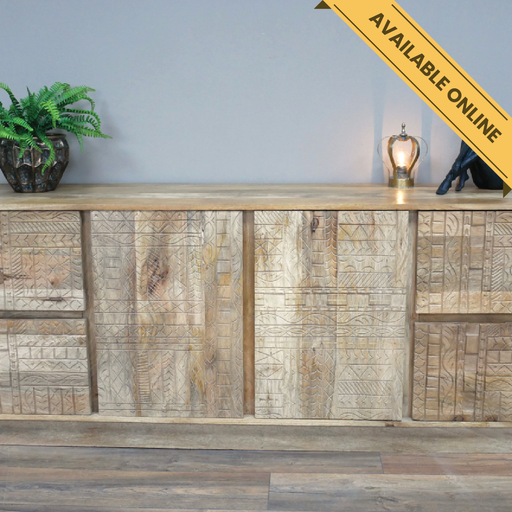 Sideboard 4 drawer 2 door geometric carving. A unique and stylish piece, perfect for modern or rustic interiors, 67cm high, 162cm wide, 45cm deep, weighs 48.20kgs.