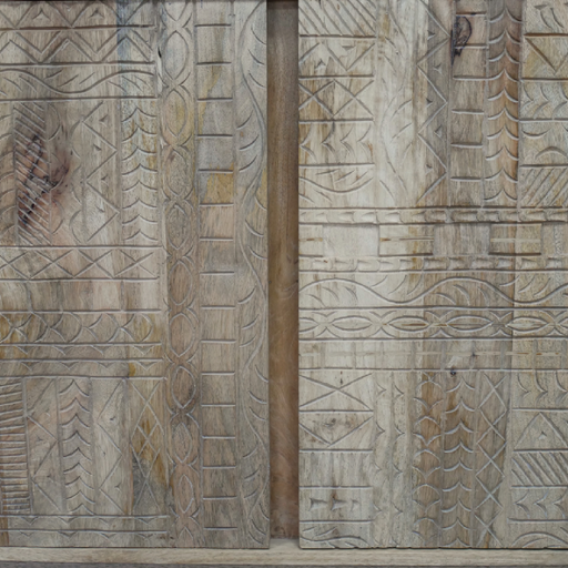 Stylish sideboard featuring four drawers, two cabinet doors, and intricate geometric carvings, dimensions 67cm H × 162cm W × 45cm D, weight 48.20kg.