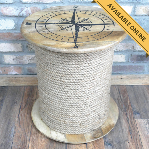 Sidetable compass rope drum. A unique and stylish piece, perfect for modern or rustic interiors, 55cm high, 49cm wide, 49cm deep, weighs 11.2kgs.
