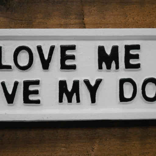Charming quote sign featuring "love me love my dogs," 22cm wide by 6cm high by 1cm deep, 0.33kg in weight, perfect for dog lovers and rustic or modern decor.