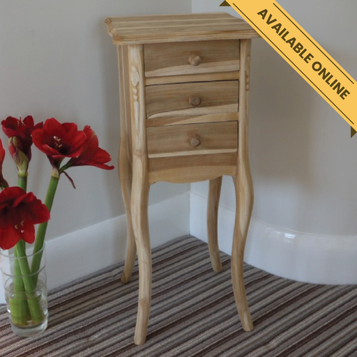 Square wooden bedside cabinet in unfinished natural wood, 72cm high, 31cm wide, 31cm deep, weighing 8kg, with a rustic handcrafted appearance.