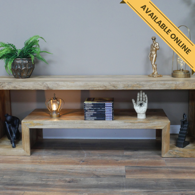 TV cabinet minimalist mango wood. A unique and stylish piece, perfect for modern or rustic interiors, 55cm high, 160cm wide, 41cm deep, weighs 34.50kgs.