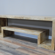 Minimalist TV cabinet crafted from mango wood, 34.5kg weight, 160cm wide, 41cm deep, and 55cm tall, ideal for modern or rustic living rooms.