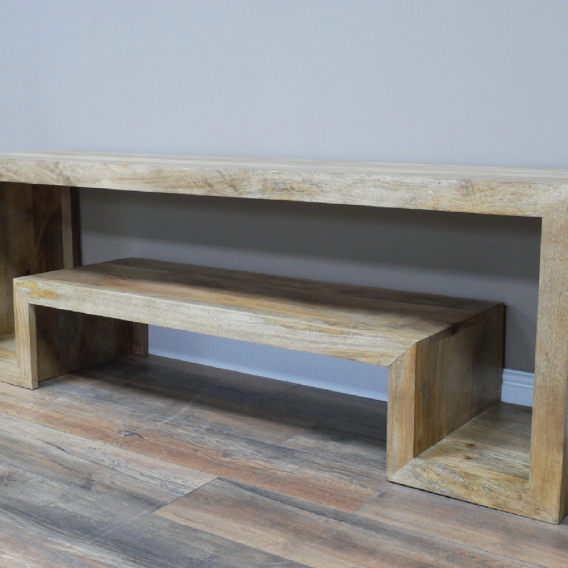 Minimalist TV cabinet crafted from mango wood, 34.5kg weight, 160cm wide, 41cm deep, and 55cm tall, ideal for modern or rustic living rooms.