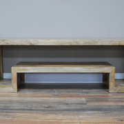 Solid mango wood TV cabinet, minimalist design, 34.5kg weight, 160cm wide × 41cm deep × 55cm tall, functional and elegant for any living space.