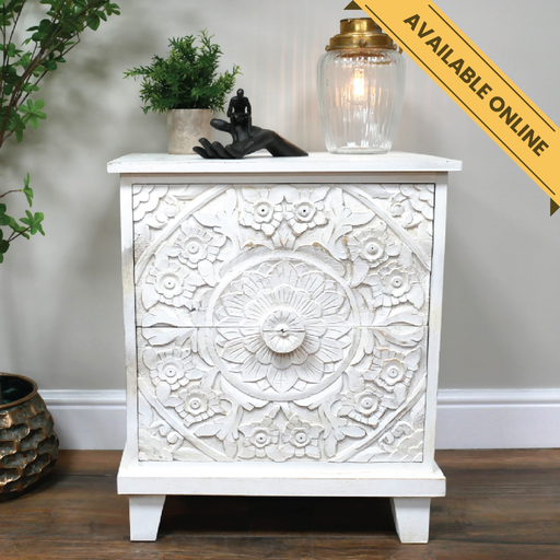 White carved bedside 2 drawer closed. A unique and stylish piece, perfect for modern or rustic interiors, 61cm high, 51cm wide, 42cm deep, weighs 15.44kgs.