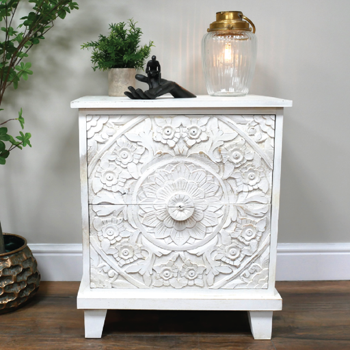 Stylish white nightstand featuring ornate carving and two functional drawers, dimensions 61cm H × 51cm W × 42cm D, weight 15.44kg.