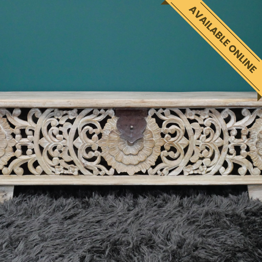 White carved storage bench. A unique and stylish piece, perfect for modern or rustic interiors, 46cm high, 135cm wide, 40cm deep, weighs 22.60kgs.