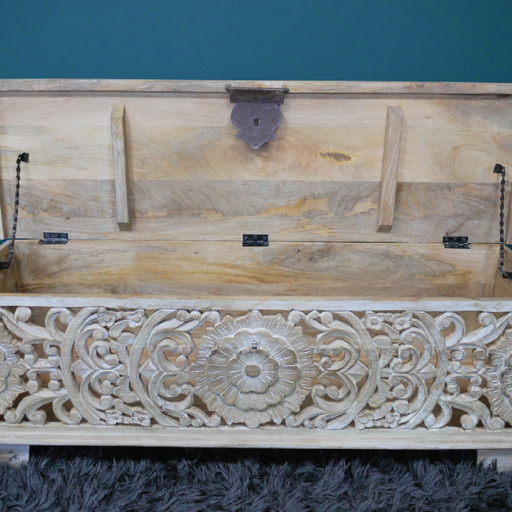 Stylish white wooden bench featuring carved accents and hidden storage, dimensions 46cm H x 135cm W x 40cm D, weight 22.60kg.