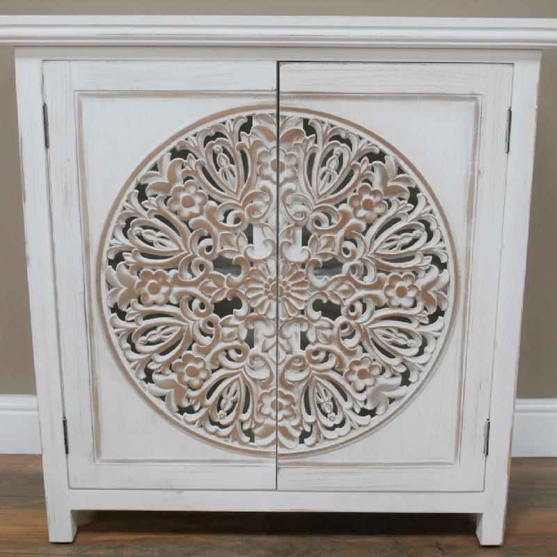 Elegant two-door cabinet featuring white finish with gold carved accents, dimensions 84cm H x 80cm W x 36cm D, weight 14.5kg.
