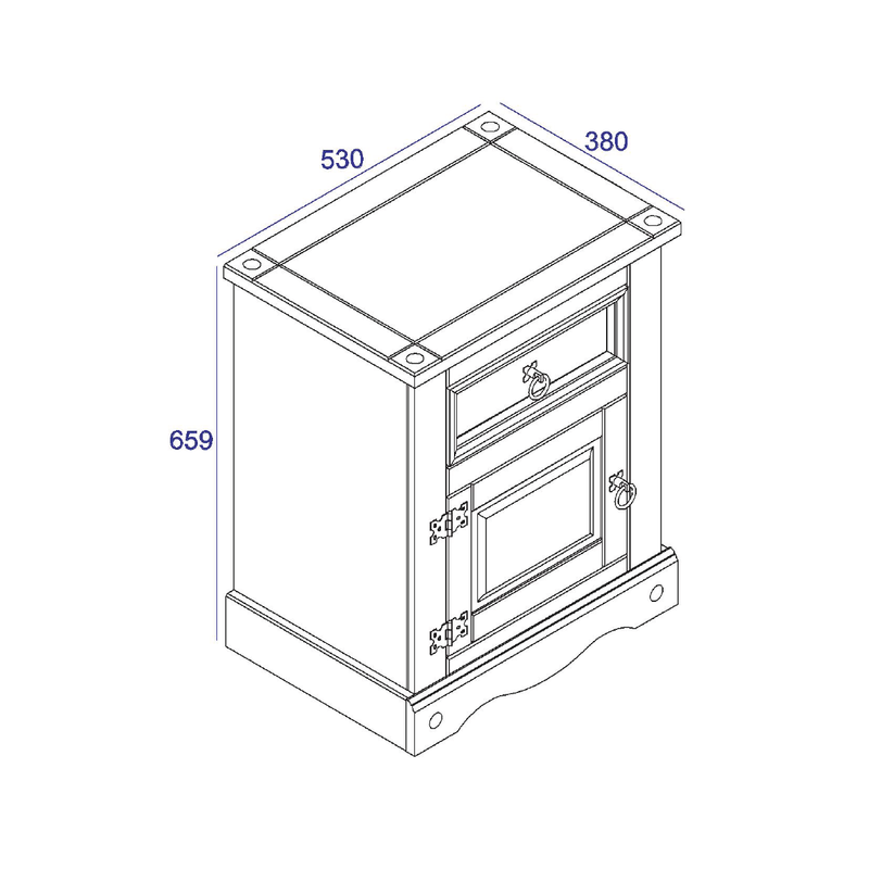 Compact bedside cabinet combining a drawer for small essentials and a door for concealed storage, 68.5cm tall by 53cm wide by 38cm deep, 13kg.