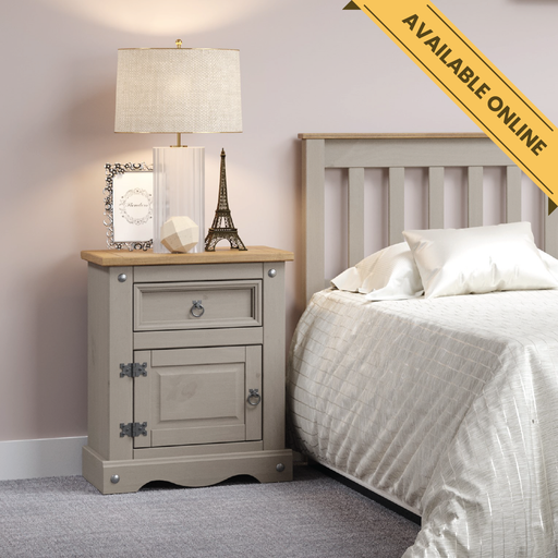 Compact bedside cabinet with one drawer and one cupboard door, showcasing rustic pine grain and practical storage; height 66cm, width 53cm, depth 38cm; weight 13kg.