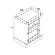 Rustic pine bedside unit offering versatile storage with one drawer and one door; measures 66cm tall, 53cm wide, and 38cm deep; total weight 13kg.