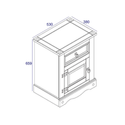 Compact bedside unit combining open and closed storage with one drawer and one door; measures 68.5cm tall, 53cm wide, and 38cm deep; total weight 12.5kg.