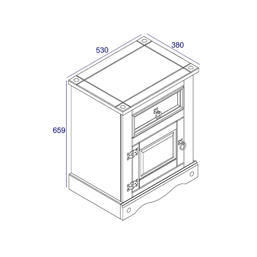 Compact bedside unit combining open and closed storage with one drawer and one door; measures 68.5cm tall, 53cm wide, and 38cm deep; total weight 12.5kg.