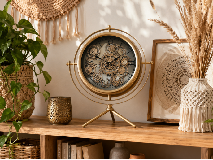 CLOCK WITH COGS DESKTOP GOLD TRIPOD