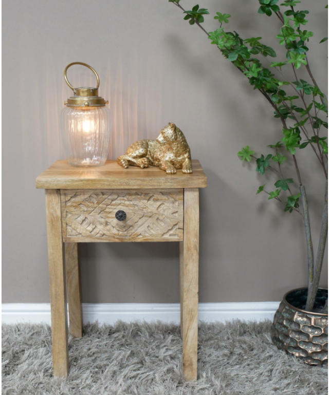 CARVED BEDSIDE 1 DRAWER OPEN LEGS