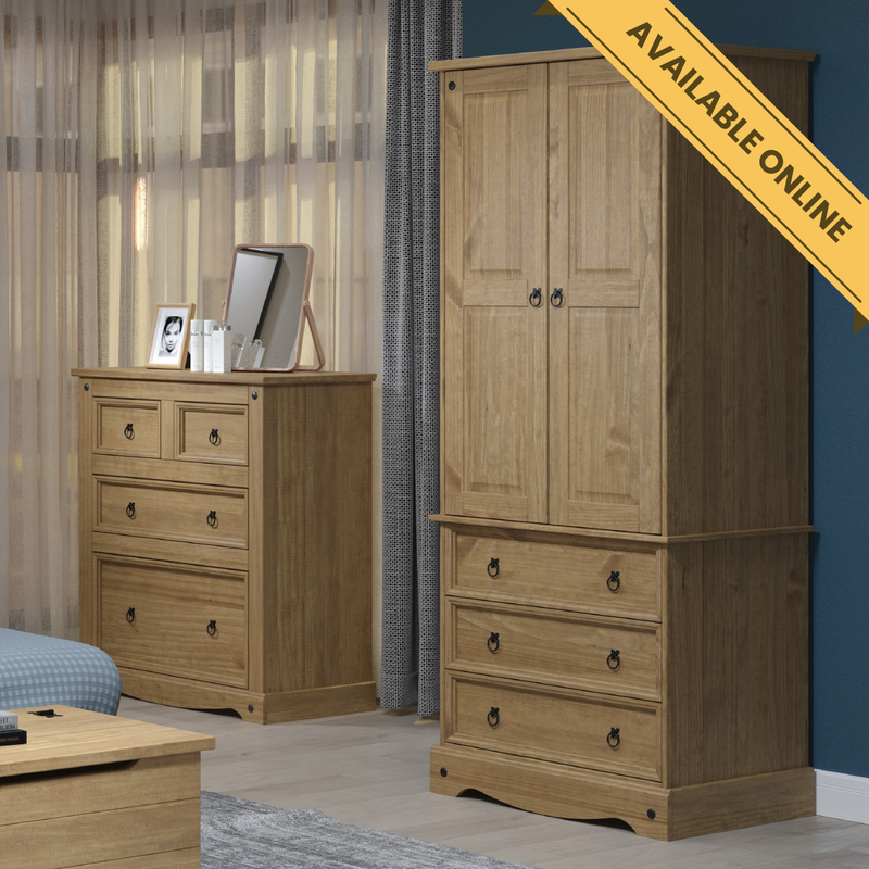 Two-door, three-drawer wardrobe offering versatile storage for hanging and folded clothing, 187.7cm high, 76.5cm wide, 55.5cm deep, weighing 42.5kg.