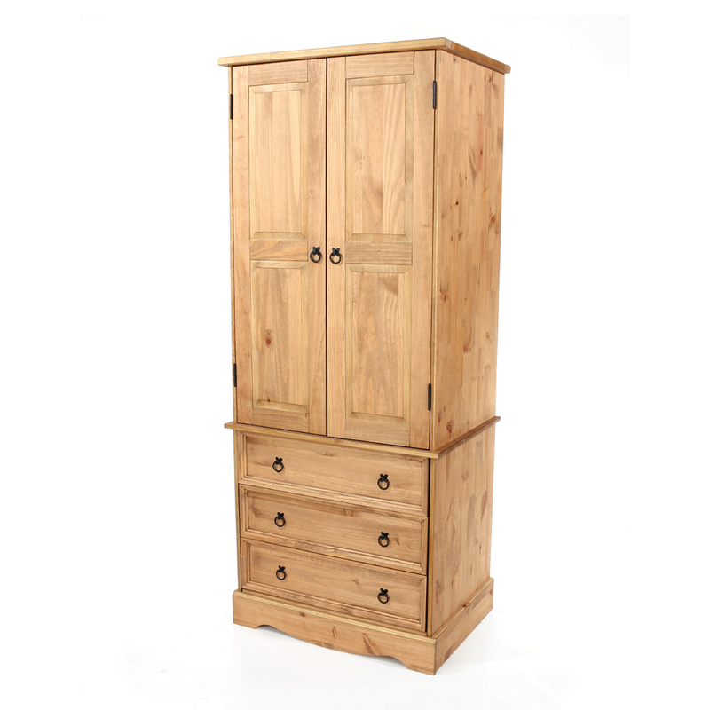 Functional wardrobe with two doors and three lower drawers, ideal for mixed storage needs, dimensions 187.7cm H × 76.5cm W × 55.5cm D, weight 42.5kg.