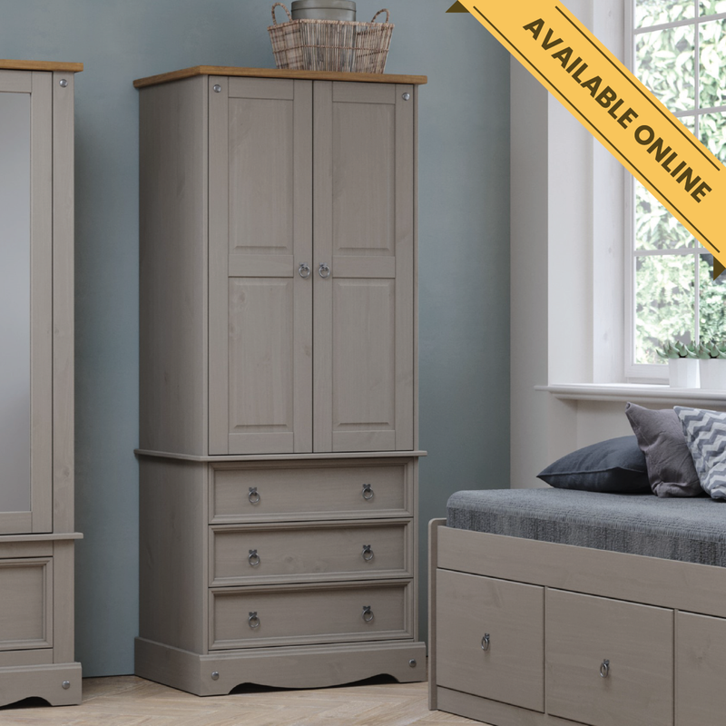 Functional wardrobe featuring two doors and three drawers, offering both hanging space and organized storage; height 187.7cm, width 76.5cm, depth 55.5cm; weight 42.5kg.
