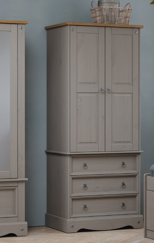 Functional wardrobe featuring two doors and three drawers, offering both hanging space and organized storage; height 187.7cm, width 76.5cm, depth 55.5cm; weight 42.5kg.