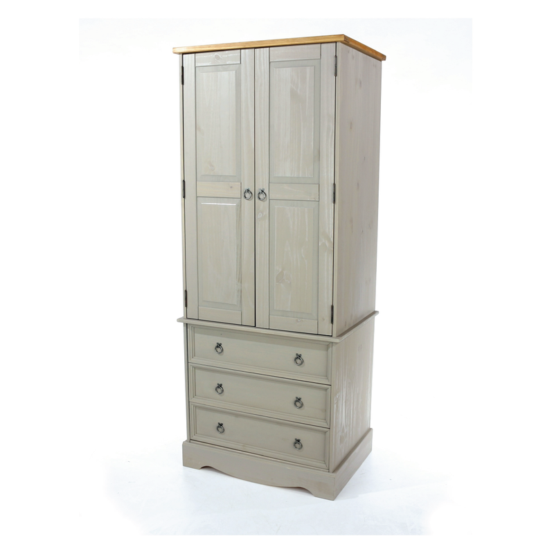 Modern two-door wardrobe with three integrated drawers, designed to balance hanging and folded storage needs; dimensions: 187.7cm H × 76.5cm W × 55.5cm D; weighs 42.5 kilograms.