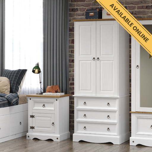 Spacious wardrobe featuring two doors and three drawers, blending hanging space and drawer storage for practical everyday use; height 187.7cm, width 76.5cm, depth 55.5cm; weight 42.5kg.