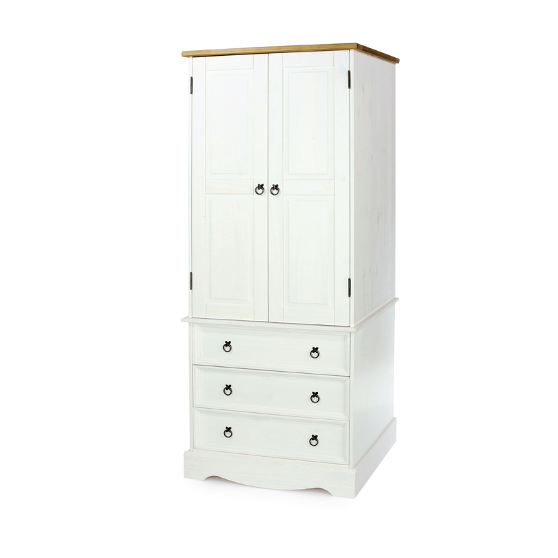Functional two-door, three-drawer wardrobe designed to organize clothes with both hanging and folded storage; dimensions: 187.7cm H × 76.5cm W × 55.5cm D; weighs 42.5 kilograms.