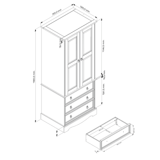 Versatile wardrobe combining a double-door hanging compartment and three convenient drawers for complete bedroom storage; measures 187.7cm tall, 76.5cm wide, and 55.5cm deep; total weight 42.5kg.