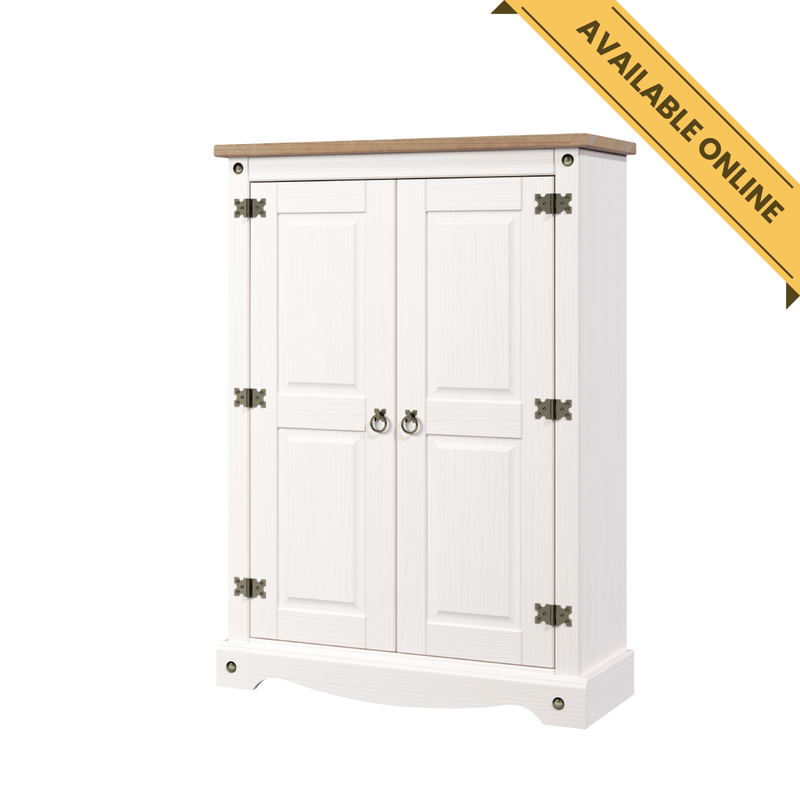 Practical two-door wooden cupboard featuring a clean silhouette and rustic charm; height 110cm, width 80cm, depth 29.6cm; weight 21.5kg.