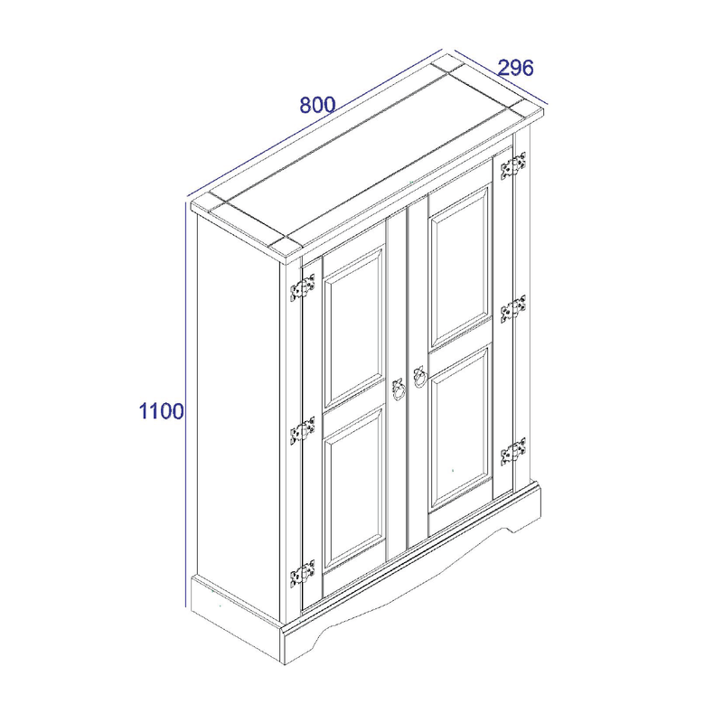 Compact freestanding cabinet with two doors, combining straightforward design and warm rustic character; dimensions: 110cm H × 80cm W × 29.6cm D; weighs 21.5 kilograms.