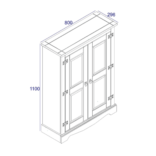 Compact freestanding cabinet with two doors, combining straightforward design and warm rustic character; dimensions: 110cm H × 80cm W × 29.6cm D; weighs 21.5 kilograms.