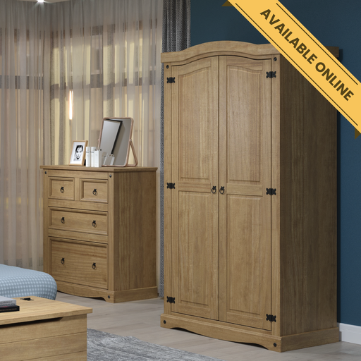 Two-door wardrobe with ample hanging space, solid construction, and traditional charm, 189cm high, 100cm wide, 56cm deep, weighing 48.5kg.