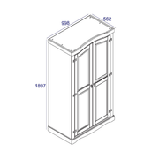 Sturdy two-door closet featuring a traditional design and ample interior space; measures 189cm tall, 100cm wide, and 56cm deep; total weight 48.5kg.