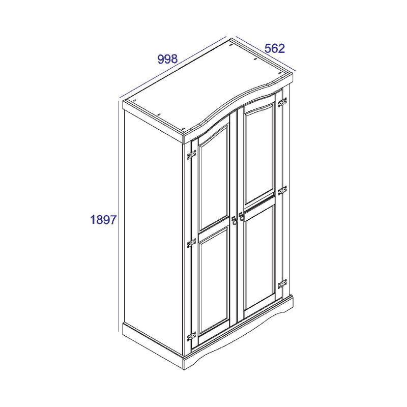 Sturdy two-door closet featuring a traditional design and ample interior space; measures 189cm tall, 100cm wide, and 56cm deep; total weight 48.5kg.