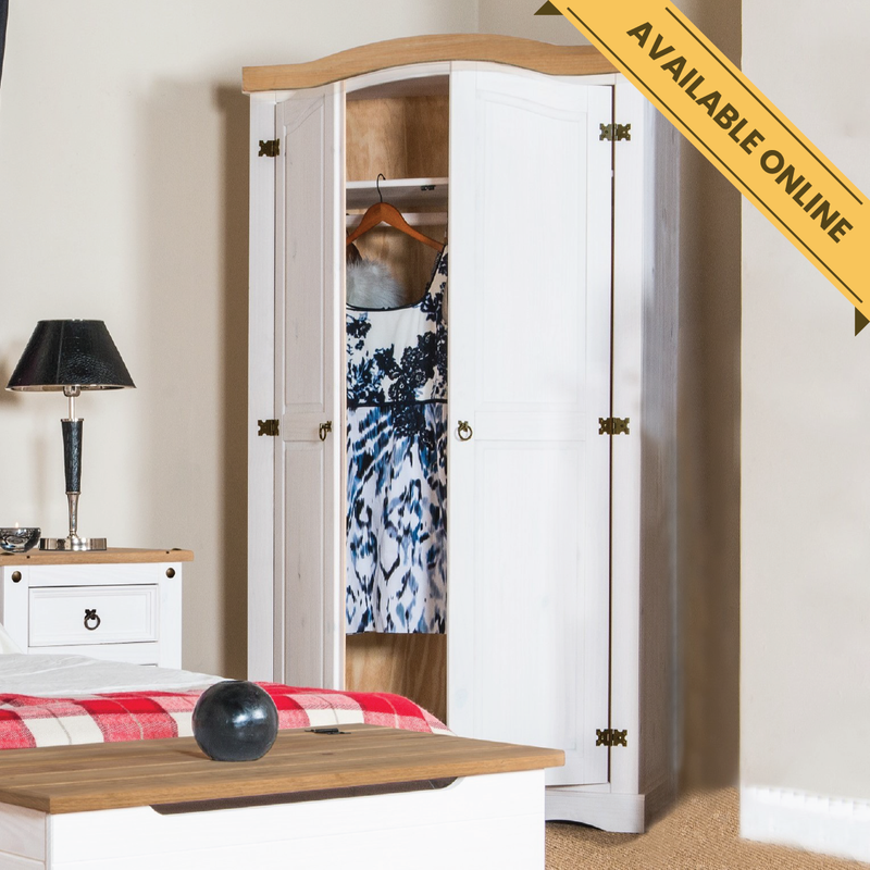 Elegant two-door wardrobe with a natural wood finish, providing essential hanging space and durable construction; height 189cm, width 100cm, depth 56cm; weight 48.5kg.