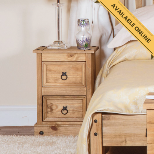 Compact two-drawer bedside cabinet in timeless pine finish, 53.1cm high, 36cm wide, 32cm deep, weighing 8.5kg.