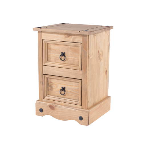 Petite pine nightstand with two smooth-gliding drawers, dimensions 53.1cm H × 36cm W × 32cm D, weight 8.5kg.