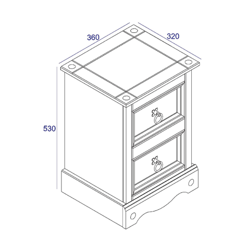 Small yet functional bedside cabinet crafted from pine with two storage drawers, 53.1cm tall by 36cm wide by 32cm deep, 8.5kg total.
