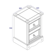 Small yet functional bedside cabinet with two drawers, ideal for compact bedrooms or minimal setups; measures 53.1cm tall, 36cm wide, and 32cm deep; total weight 8.5kg.